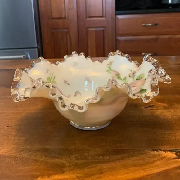 Vintage Fenton Silver Crest Crimped Edge Bowl Hand Painted with Charleton Design
